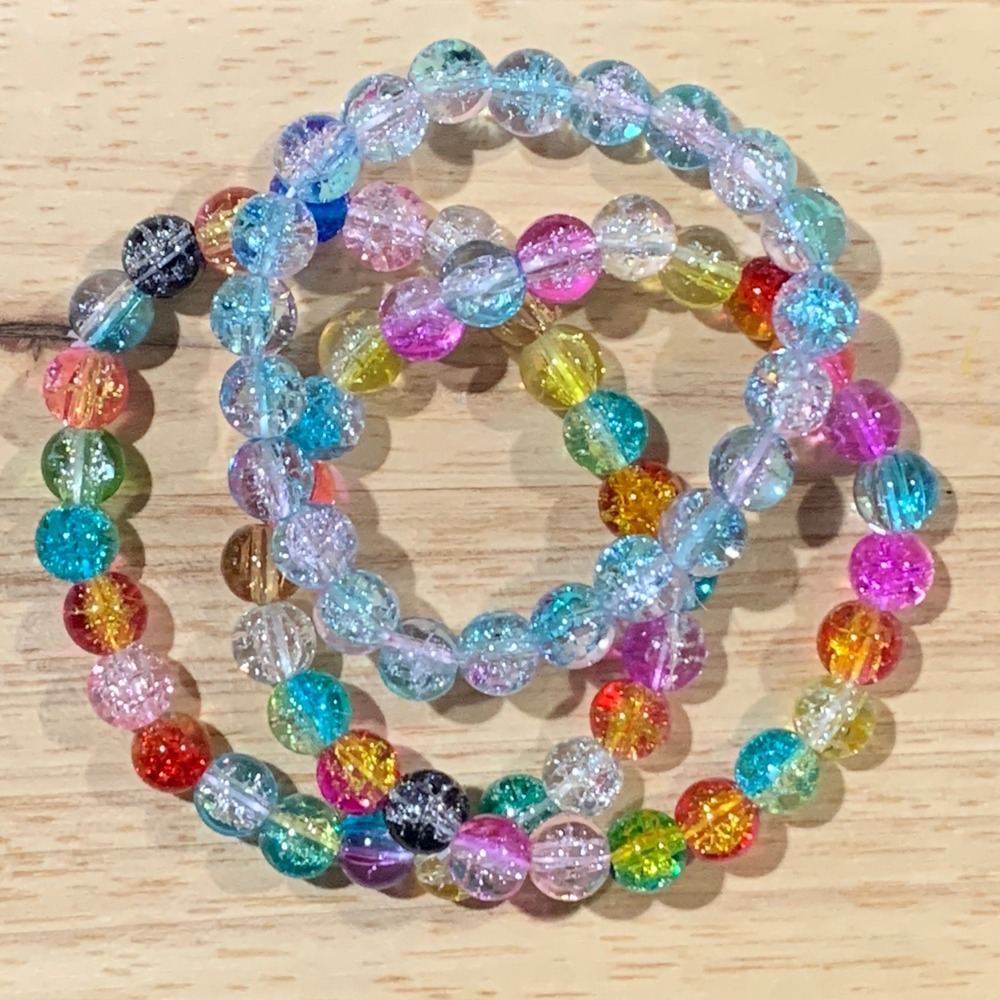 Handmade Beaded‎ Bracelet Womens OS Multicolor New Crackle Glass Stretch 3pc Set